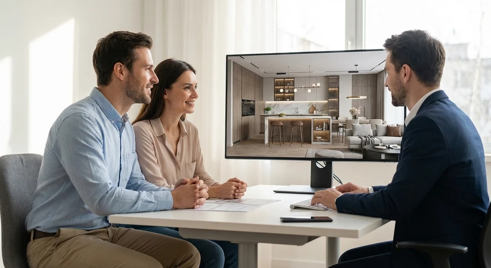 Photographie d'une femme ou d'un couple dans un bureau moderne consulter une visualisation 3D d'int&eacute;rieur de r&eacute;novation affich&eacute;e sur &eacute;cran ou tablet. Au premier plan, les clients observent attentivement la repr&eacute;sentation num&eacute;rique d&eacute;taill&eacute;e d'une pi&egrave;ce r&eacute;nov&eacute; (salon, cuisine ou chambre). Le rendu montre couleurs, mat&eacute;riaux et agencement adapt&eacute;s. L'ambiance est calme, professionnelle et constructive, exprimant confiance et clart&eacute; de vision. Arri&egrave;re-plan avec mobilier de bureau discret. Lumi&egrave;re naturelle douce. Pas de texte ou logo visible.