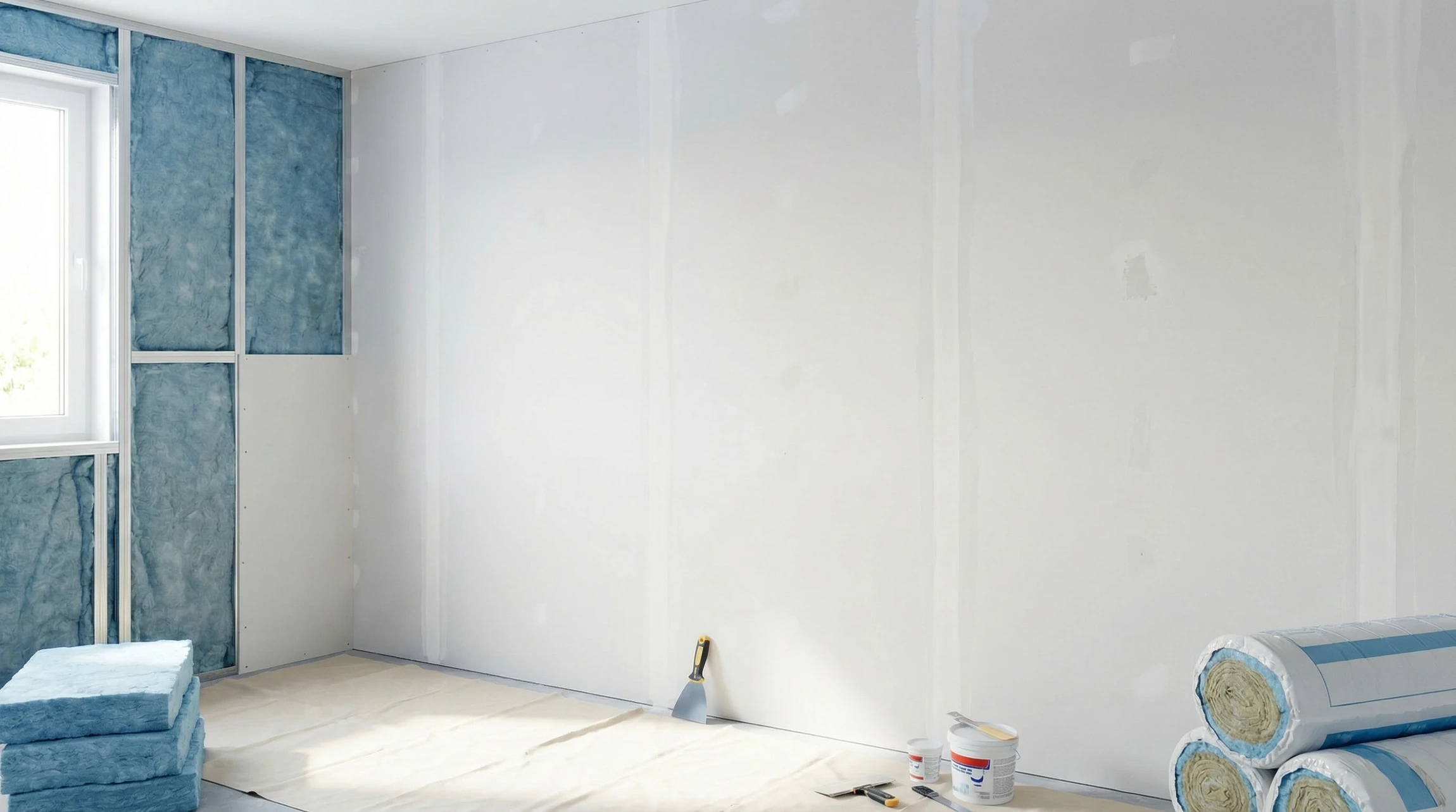 Photographie professionnelle d'intérieur montrant un chantier de plaquisterie en cours ou finalisé : une cloison de gypse/plâtre fraîchement posée et jointoyée, avec finition lisse et impeccable, isolée et divisant un espace intérieur. La scène montre clairement les travaux de cloisonnement redéfinissant l'espace, avec un travail de qualité professionnelle visible. Lumière naturelle ou artificielle professionnelle révélant la qualité du travail de plaquisterie. Pas de personnes dans l'image, à moins qu'un artisan en action ne soit présent pour montrer le savoir-faire en contexte professionnel.