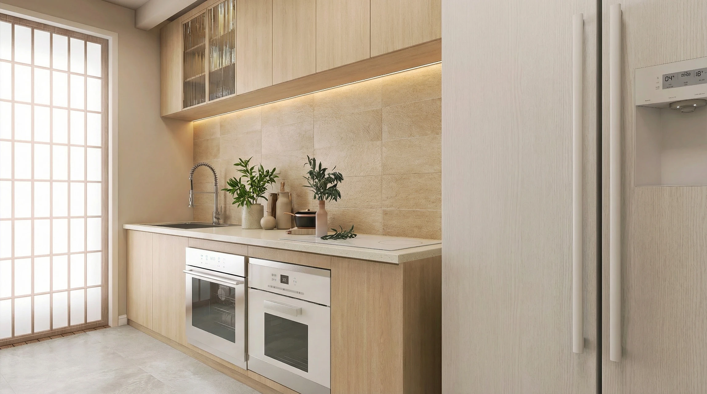 Photographie d'un intérieur contemporain de maison rénovée montrant un espace ouvert cuisine-séjour lumineux, avec finitions de qualité professionnelle (revêtements de sol actuels, peintures fraîches, éclairage moderne), témoignant clairement d'une transformation complète d'un logement existant. La scène doit transmettre la tranquillité et la satisfaction, sans présence de personnes.