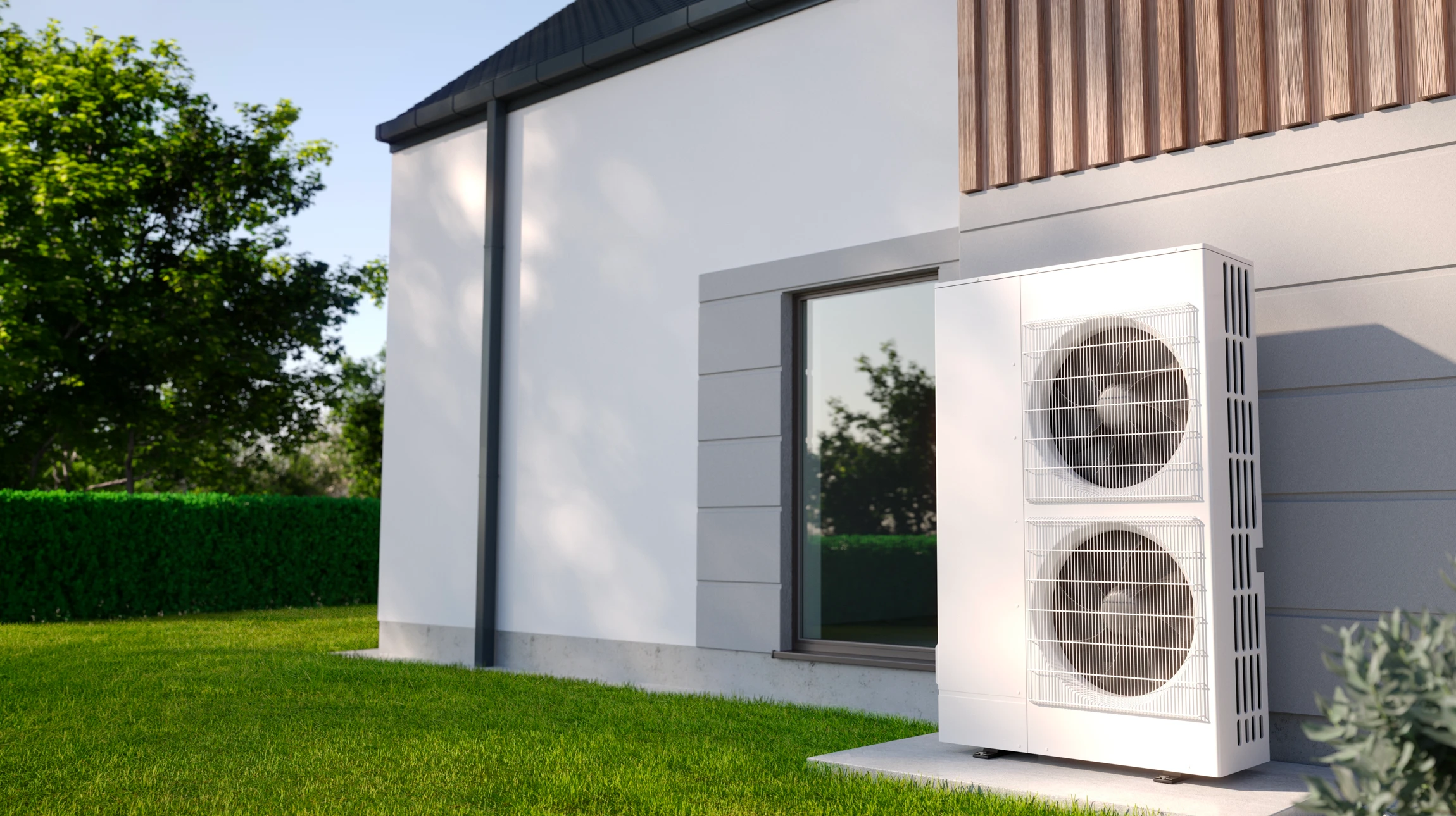 Technicien ou installateur professionnel posant une unité intérieure de pompe à chaleur sur le mur d'un intérieur résidentiel moderne. L'unité est blanche, finition épurée, installée dans un salon ou chambre aux murs clairs. Le technicien porte une tenue professionnelle et utilise les outils appropriés. La scène montre clairement l'installation du système de chauffage/refroidissement dans un contexte résidentiel de confort domestique.