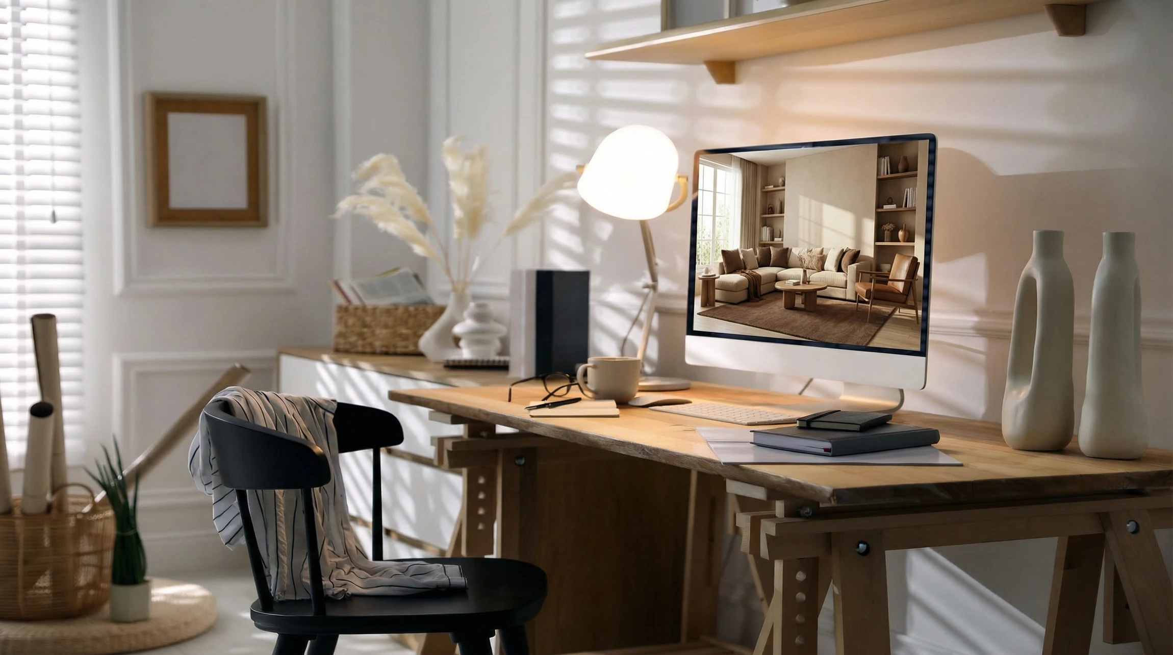 Modern interior living room features an sofa and decorative accessories against a white-colored wall- 3D rendering