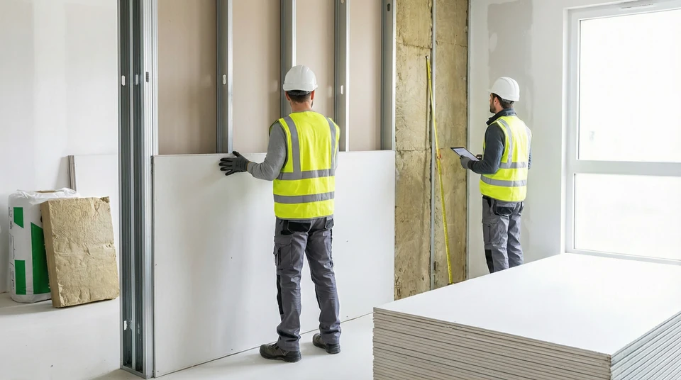 Photographie d'un atelier ou d'un chantier intérieur montrant deux artisans salariés au travail : l'un pose des plaques de plâtre sur une structure métallique tandis que l'autre contrôle l'isolation ou prépare les matériaux. Les artisans portent des équipements de sécurité appropriés (casque, gants, gilet). La scène capture le professionnalisme et la collaboration entre les membres de l'équipe interne, avec des matériaux de plaquisterie et isolation visibles. Éclairage naturel ou de chantier. Style photographique réaliste et professionnel.