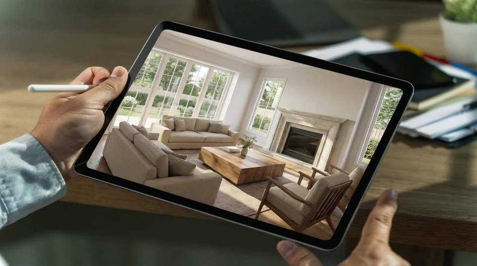 Intérieur minimaliste en pin avec bouquet de fleurs (rendu 3D)