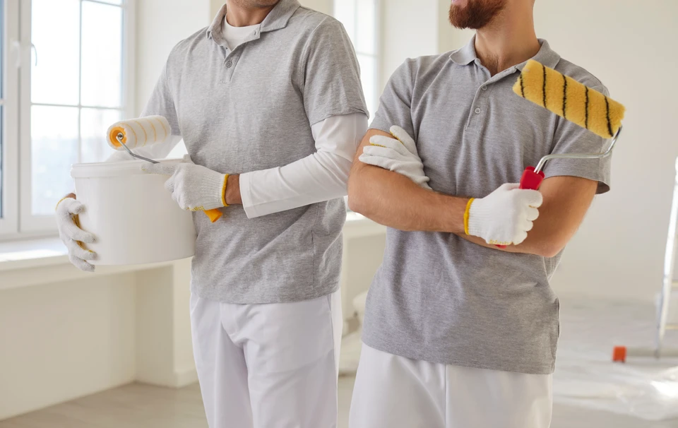 Ouvrier en vêtements de travail tenant un rouleau de peinture avec manche télescopique devant une maison résidentielle en construction ou rénovation